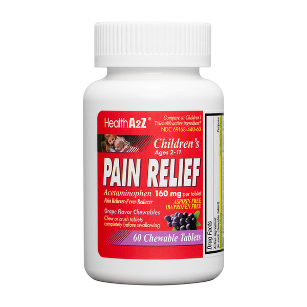 HealthA2Z® Children’s Chewable Pain Relief Tablets | Acetaminophen 160 mg | Grape Flavor | 60 Count | Aspirin & Ibuprofen Free