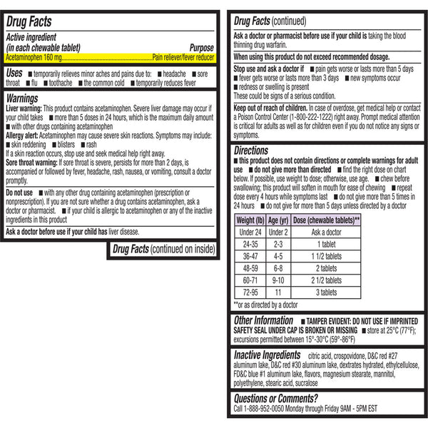 HealthA2Z® Children’s Chewable Pain Relief Tablets | Acetaminophen 160 mg | Grape Flavor | 60 Count | Aspirin & Ibuprofen Free