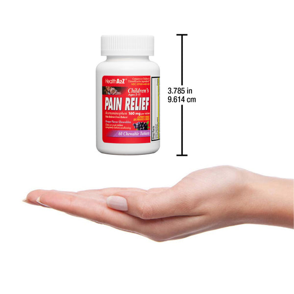 HealthA2Z® Children’s Chewable Pain Relief Tablets | Acetaminophen 160 mg | Grape Flavor | 60 Count | Aspirin & Ibuprofen Free