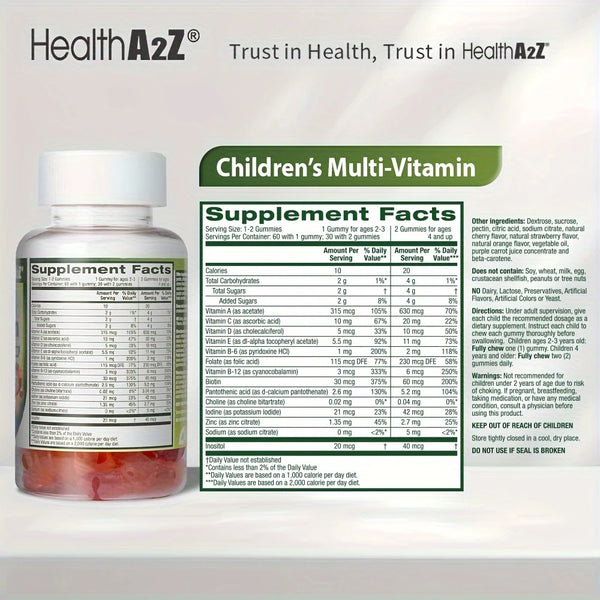 HealthA2Z - Kids Multivitamin Gummies Strawberry Orange Cherry Mixed Fruit - 60 Count
