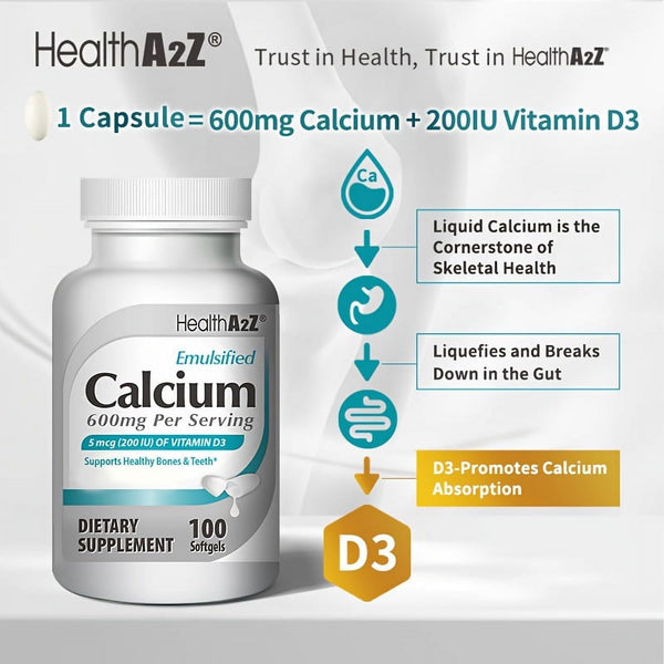 HealthA2Z - Emulsified Calcium with Vitamin D3 Softgels - 100 Count