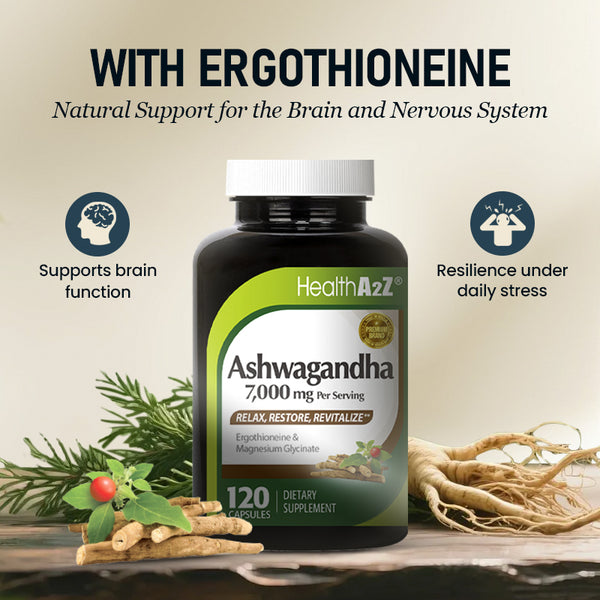 HealthA2Z – Ashwagandha 7000 mg with Magnesium Glycinate & Ergothioneine – 120 Capsules