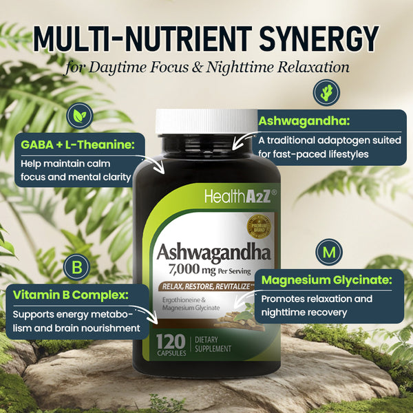 HealthA2Z – Ashwagandha 7000 mg with Magnesium Glycinate & Ergothioneine – 120 Capsules