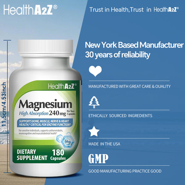 HealthA2Z®  Magnesium Glycinate 240MG | Supports bone, muscle, nerve, and heart health | 180 count
