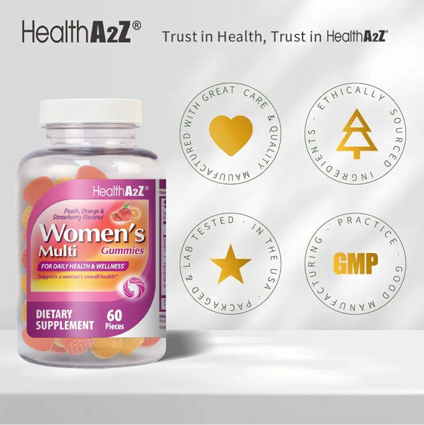 HealthA2Z - Women's Multivitamin Gummies (Peach, Orange & Strawberry Flavored) - 60 Count