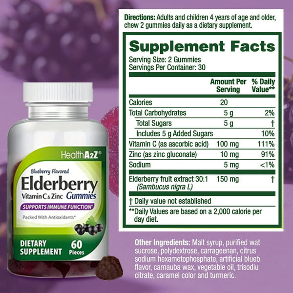 HealthA2Z - Elderberry Gummies with Vitamin C & Zinc - 60 Count