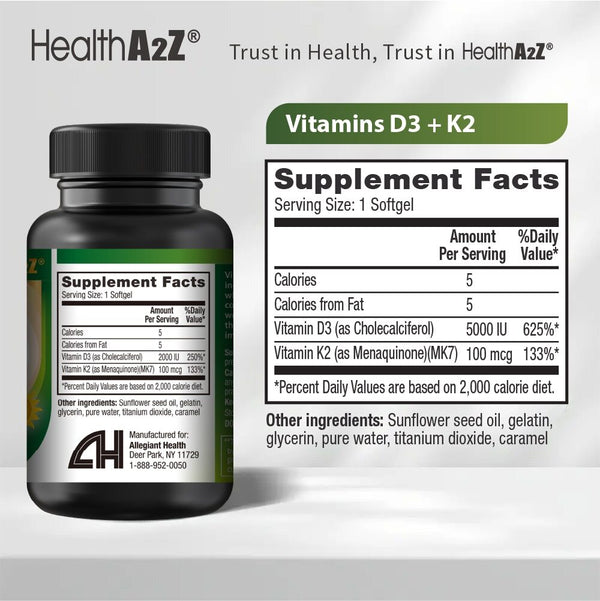 HealthA2Z - Vitamin D3 + K2 Softgels, 5000 IU + 100 mcg - 90 Count