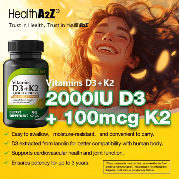 HealthA2Z® Vitamin D3 + K2 | 2000 IU + 100 mcg | 90 Softgels | Bone & Immune Support | Supports Bone, Muscle & Immune Health
