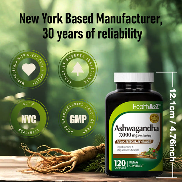 HealthA2Z – Ashwagandha 7000 mg with Magnesium Glycinate & Ergothioneine – 120 Capsules