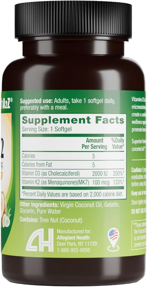 HealthA2Z® Vitamin D3 2000 IU + K2 MK-7 Softgels - Virgin Coconut Oil Formula base supports efficient delivery & gentle digestion - 90ct