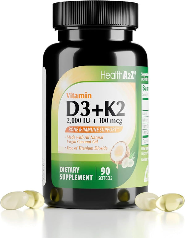HealthA2Z® Vitamin D3 2000 IU + K2 MK-7 Softgels - Virgin Coconut Oil Formula base supports efficient delivery & gentle digestion - 90ct