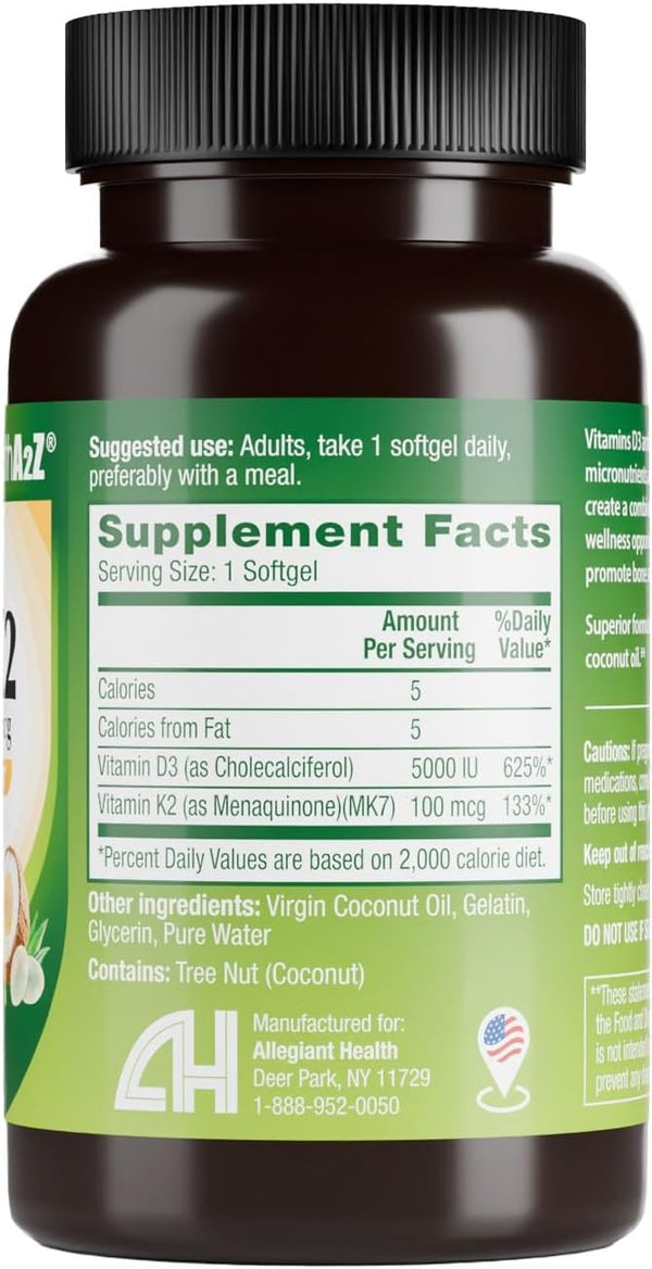 HealthA2Z® Vitamin D3 + K2 Softgels, 5,000 IU D3 with MK-7 & Virgin Coconut Oil, Bone & Immune Support, 90 Count