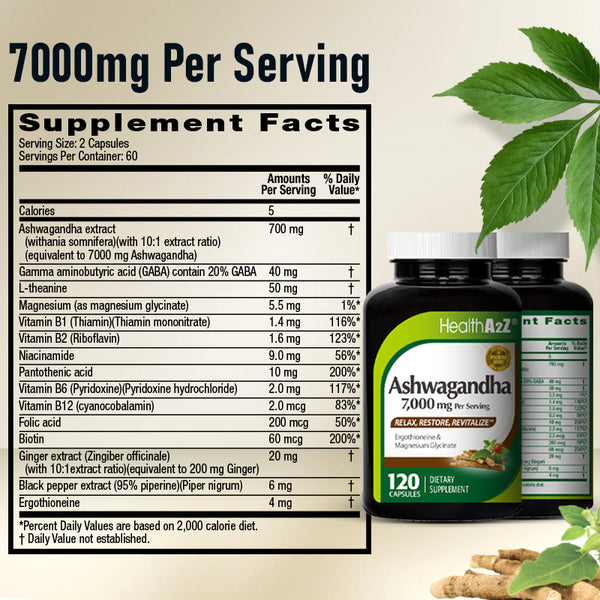 HealthA2Z – Ashwagandha 7000 mg with Magnesium Glycinate & Ergothioneine – 120 Capsules