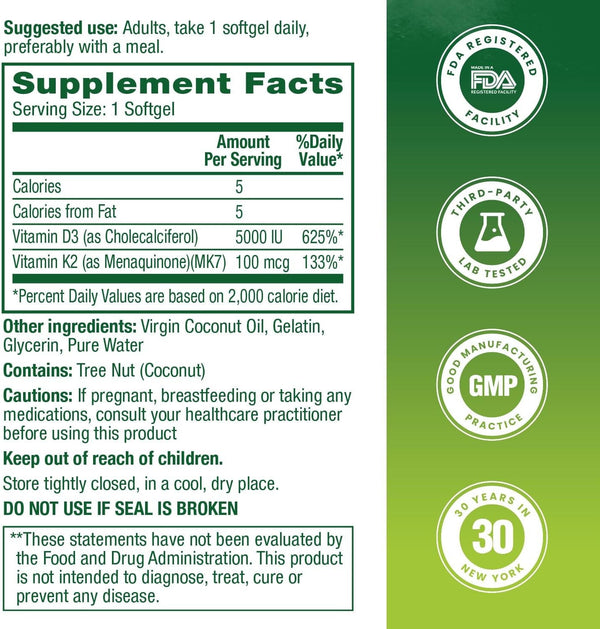 HealthA2Z® Vitamin D3 + K2 Softgels, 5,000 IU D3 with MK-7 & Virgin Coconut Oil, Bone & Immune Support, 90 Count