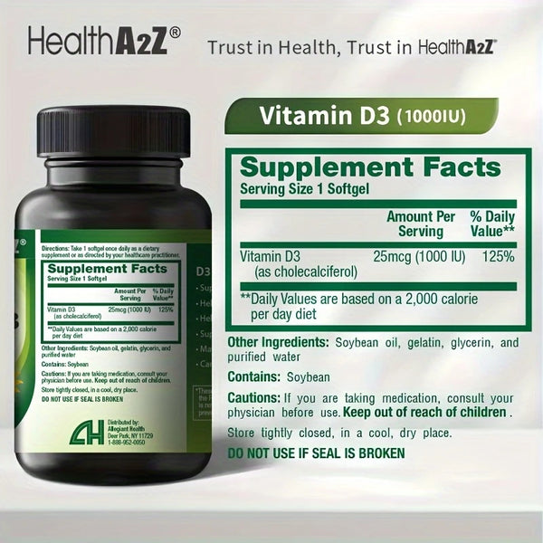 HealthA2Z - Vitamin D3 25 mcg (1000 IU) Softgels - 90 Count