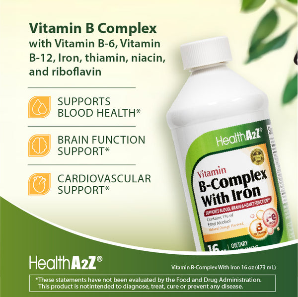 HealthA2Z – Liquid Vitamin B-Complex Plus Iron – Natural Orange Flavor – 16 fl oz