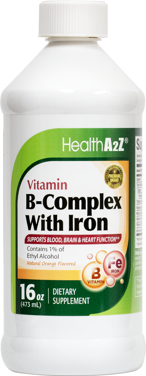 HealthA2Z – Liquid Vitamin B-Complex Plus Iron – Natural Orange Flavor – 16 fl oz
