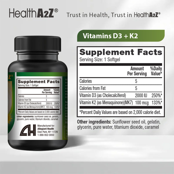 HealthA2Z® Vitamin D3 + K2 | 2000 IU + 100 mcg | 90 Softgels | Bone & Immune Support | Supports Bone, Muscle & Immune Health