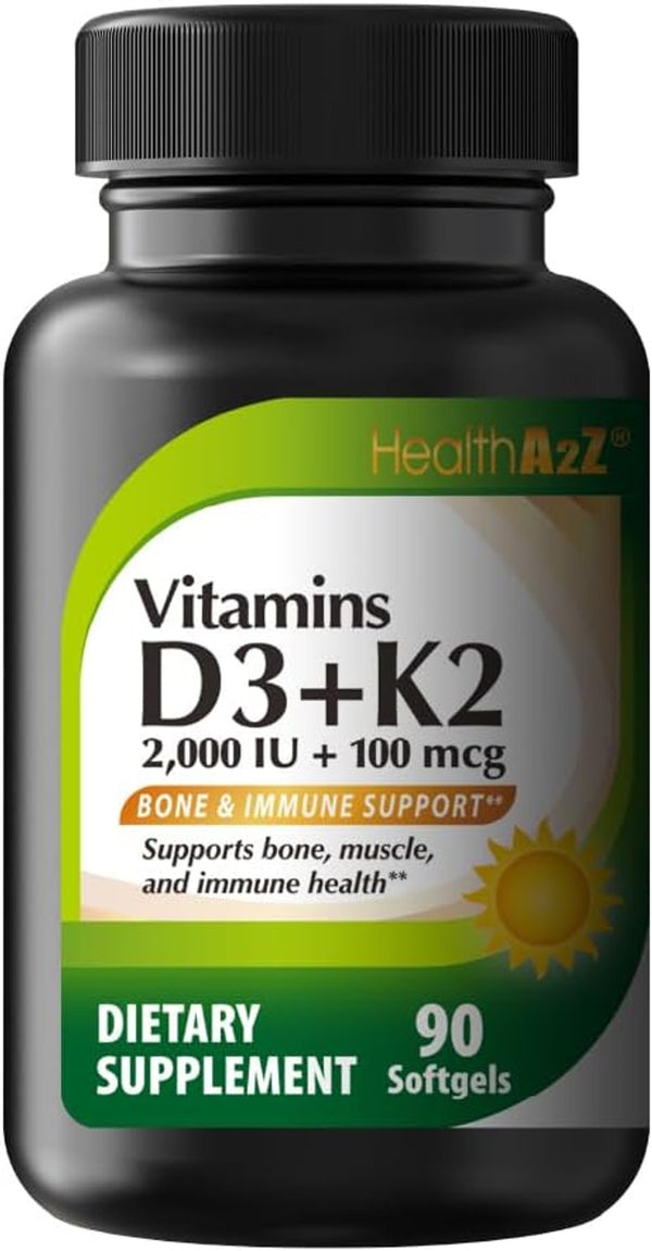 HealthA2Z® Vitamin D3 + K2 | 2000 IU + 100 mcg | 90 Softgels | Bone & Immune Support | Supports Bone, Muscle & Immune Health