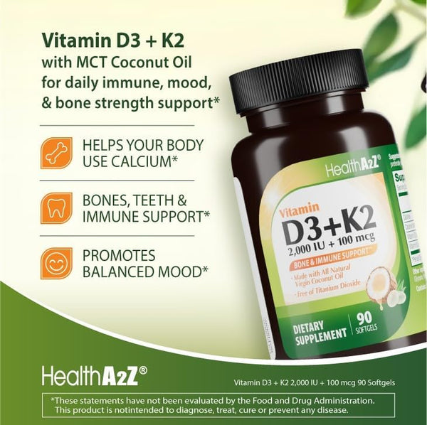 HealthA2Z® Vitamin D3 2000 IU + K2 MK-7 Softgels - Virgin Coconut Oil Formula base supports efficient delivery & gentle digestion - 90ct