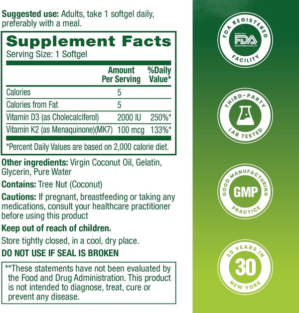 HealthA2Z® Vitamin D3 2000 IU + K2 MK-7 Softgels - Virgin Coconut Oil Formula base supports efficient delivery & gentle digestion - 90ct