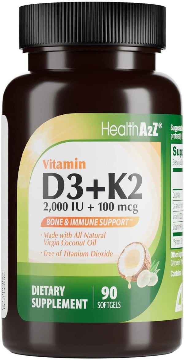 HealthA2Z® Vitamin D3 2000 IU + K2 MK-7 Softgels - Virgin Coconut Oil Formula base supports efficient delivery & gentle digestion - 90ct