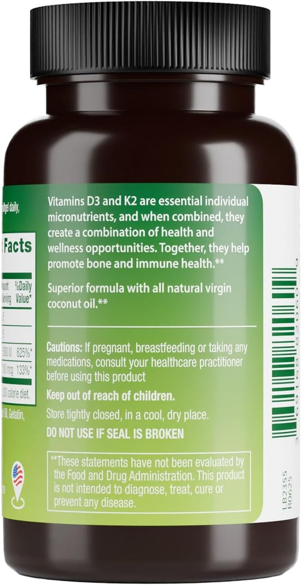 HealthA2Z® Vitamin D3 2000 IU + K2 MK-7 Softgels - Virgin Coconut Oil Formula base supports efficient delivery & gentle digestion - 90ct