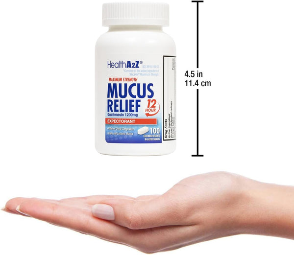 HealthA2Z – Guaifenesin 1200 mg Mucus Relief Expectorant – Maximum Strength 12 Hour – 100 Tablets