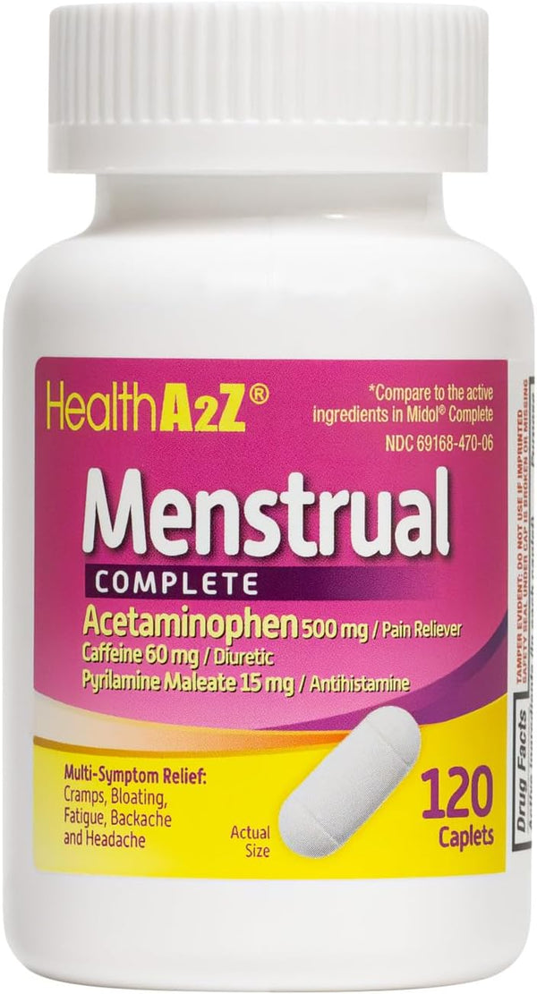 HealthA2Z® Menstrual Complete Multi-Symptom Pain Relief Tablets - Acetaminophen & Caffeine - 120ct