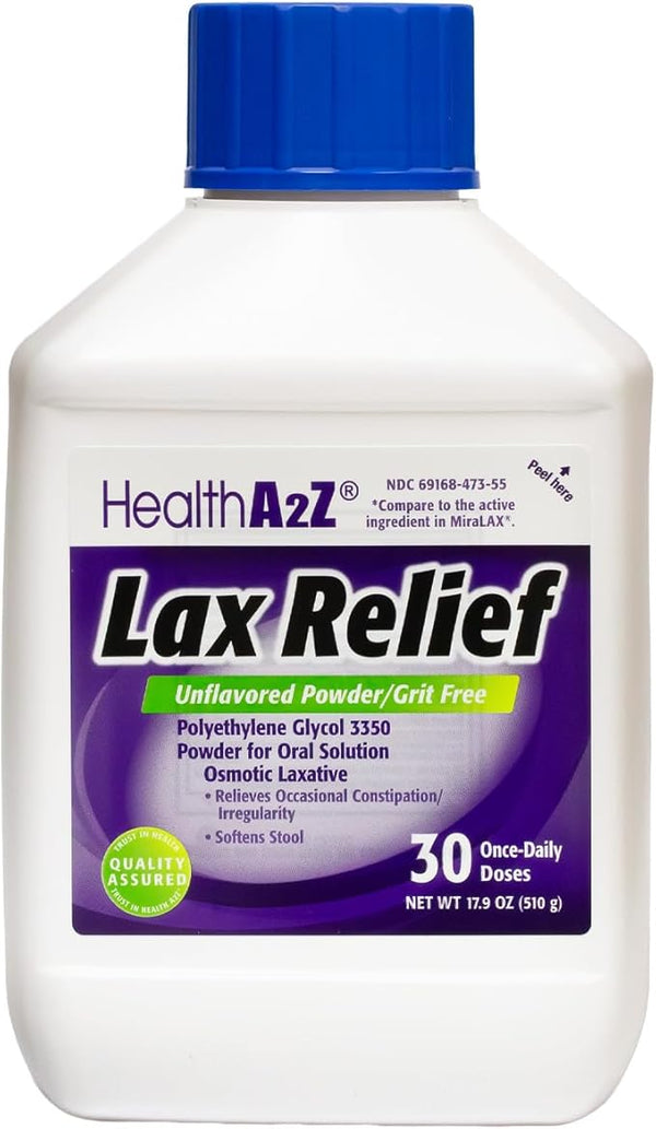HealthA2Z® Lax Relief Polyethylene Glycol 3350 Powder - Unflavored Osmotic Laxative - 17.9oz