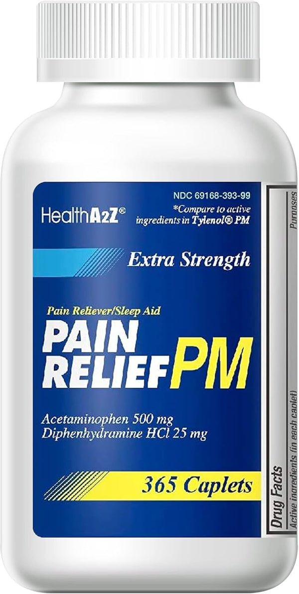 HealthA2Z – Acetaminophen 500 mg & Diphenhydramine 25 mg Extra Strength Pain Relief PM – Nighttime Sleep Aid – 365 Caplets