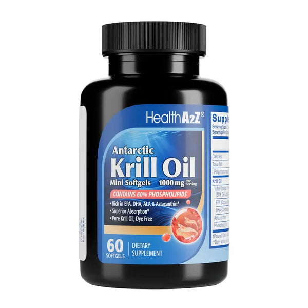 HealthA2Z Antarctic Krill Oil 1000 mg Per Serving- 60 Softgels - Rich in EPA, DHA, ALA & Astaxanthin, Superior Absorption, Pure Krill Oil, Dye Free