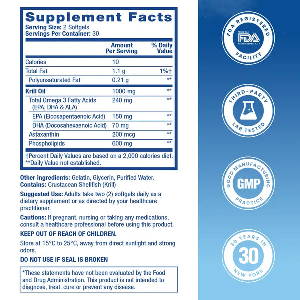 HealthA2Z Antarctic Krill Oil 1000 mg Per Serving- 60 Softgels - Rich in EPA, DHA, ALA & Astaxanthin, Superior Absorption, Pure Krill Oil, Dye Free