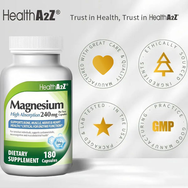 HealthA2Z®  Magnesium Glycinate 240MG | Supports bone, muscle, nerve, and heart health | 180 count
