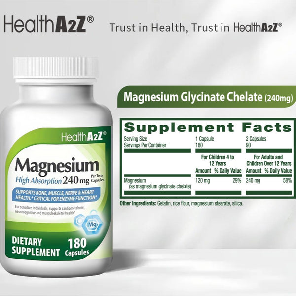 HealthA2Z®  Magnesium Glycinate 240MG | Supports bone, muscle, nerve, and heart health | 180 count