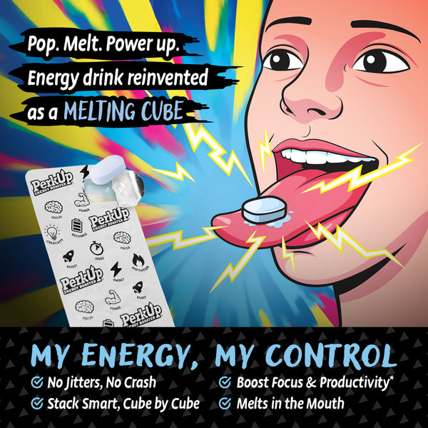 HealthA2Z PerkUp – Energy Booster Melt-in-Mouth Cubes with Natural Caffeine & B Vitamins – Blueberry Flavor