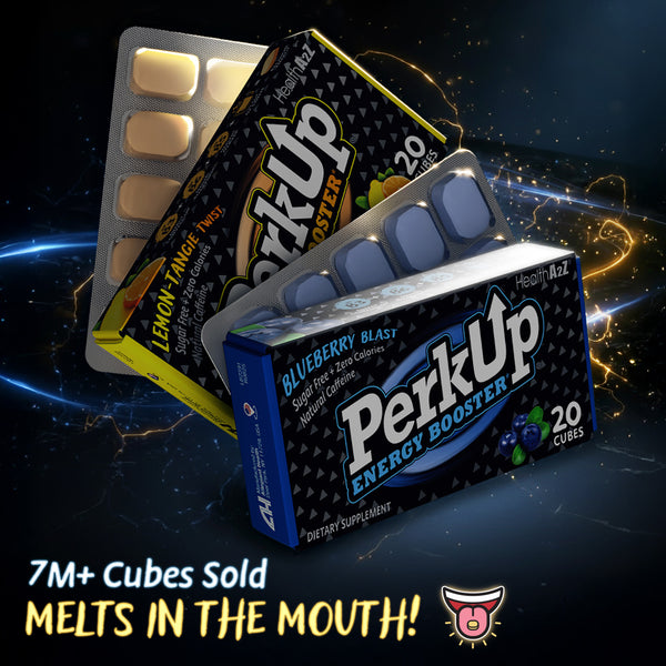 HealthA2Z PerkUp – Energy Booster Melt-in-Mouth Cubes with Natural Caffeine & B Vitamins – Blueberry Flavor