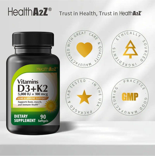 HealthA2Z - Vitamin D3 + K2 Softgels, 5000 IU + 100 mcg - 90 Count
