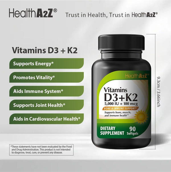 HealthA2Z - Vitamin D3 + K2 Softgels, 5000 IU + 100 mcg - 90 Count