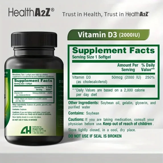 HealthA2Z - Vitamin D3 50 mcg (2000 IU) Softgels - 90 Count