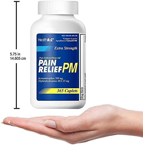 HealthA2Z – Acetaminophen 500 mg & Diphenhydramine 25 mg Extra Strength Pain Relief PM – Nighttime Sleep Aid – 365 Caplets