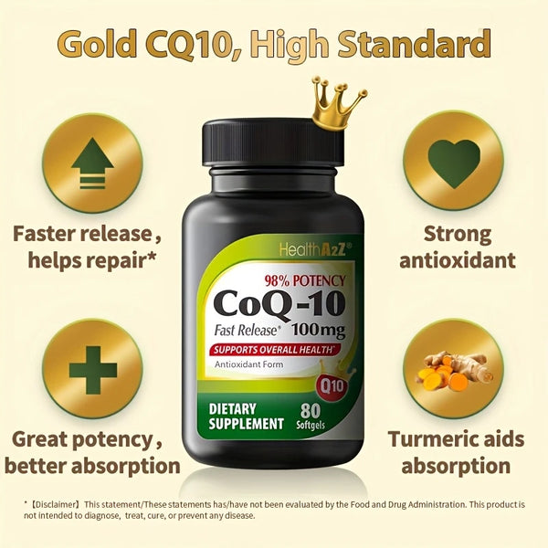 HealthA2Z® CoQ-10 98% Potency | Fast Release 1000 mg | 80 Softgels | Antioxidant Form | Supports Overall Health