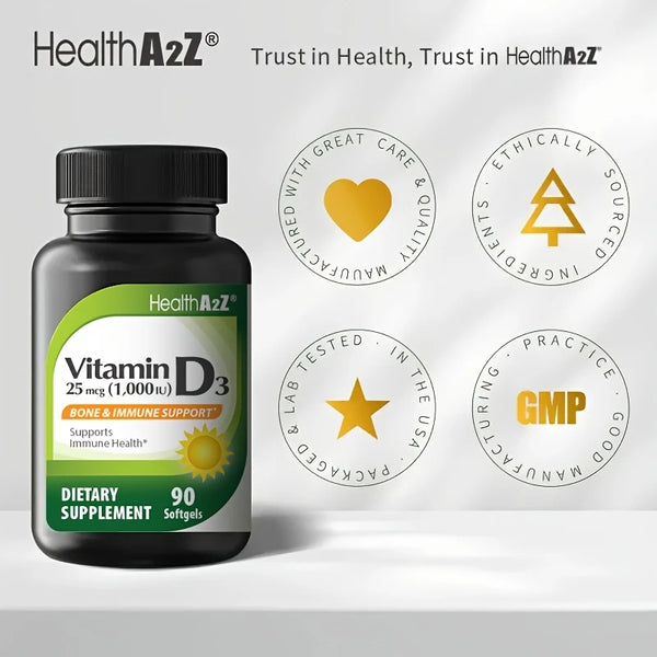 HealthA2Z - Vitamin D3 25 mcg (1000 IU) Softgels - 90 Count