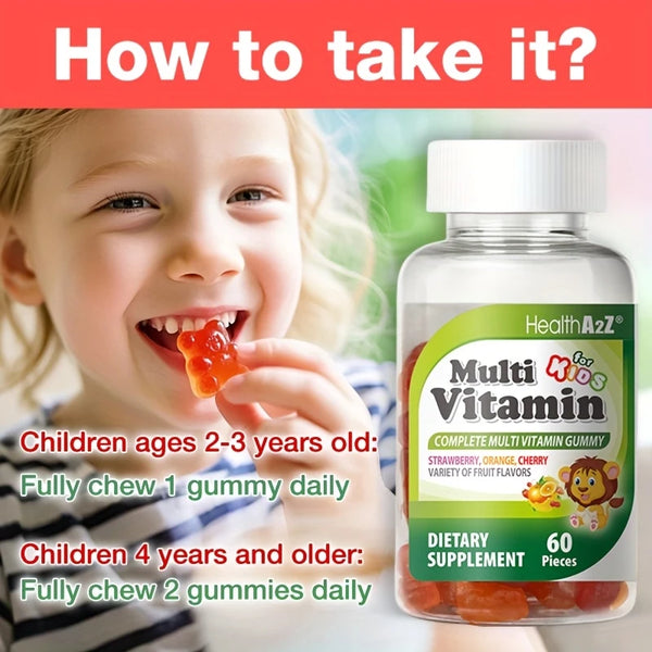 HealthA2Z - Kids Multivitamin Gummies Strawberry Orange Cherry Mixed Fruit - 60 Count