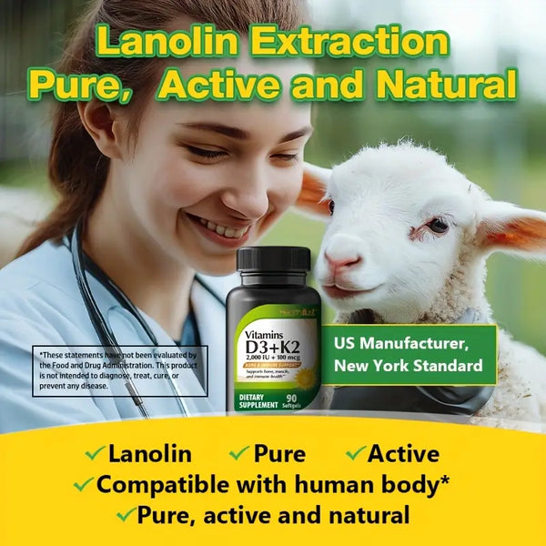 HealthA2Z® Vitamin D3 + K2 | 2000 IU + 100 mcg | 90 Softgels | Bone & Immune Support | Supports Bone, Muscle & Immune Health
