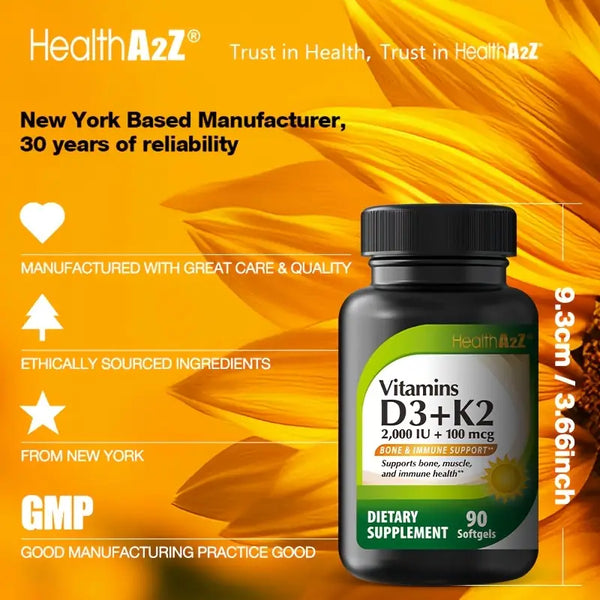 HealthA2Z® Vitamin D3 + K2 | 2000 IU + 100 mcg | 90 Softgels | Bone & Immune Support | Supports Bone, Muscle & Immune Health