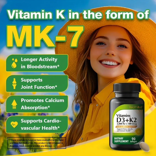 HealthA2Z® Vitamin D3 + K2 | 2000 IU + 100 mcg | 90 Softgels | Bone & Immune Support | Supports Bone, Muscle & Immune Health