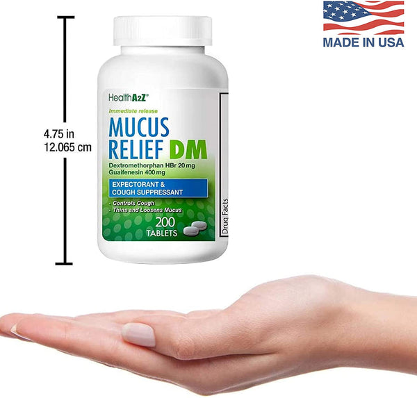 HealthA2Z – Mucus Relief DM with Dextromethorphan HBr 20 mg & Guaifenesin 400 mg – Cough Suppressant & Expectorant – Immediate Release – 200 Tablets